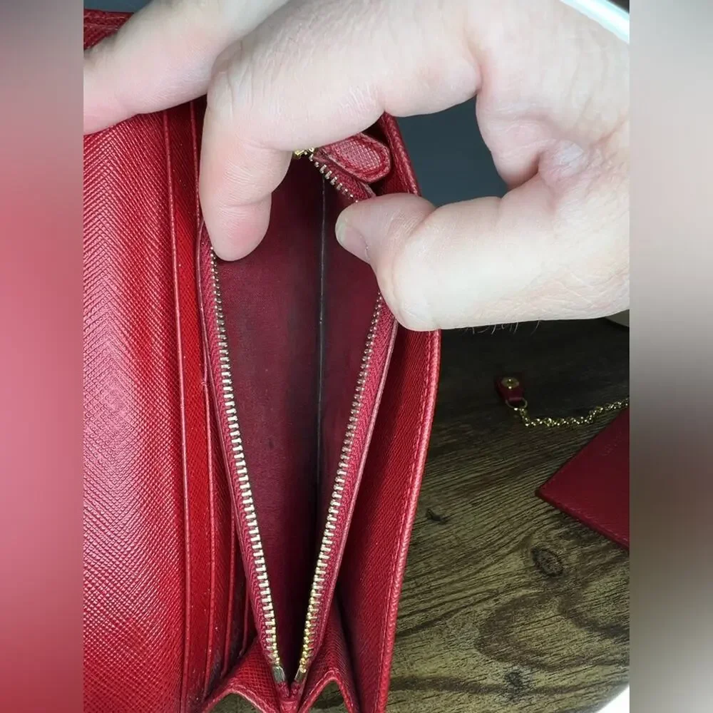 Prada Peonia Red Saffiano/Metal Wallet
